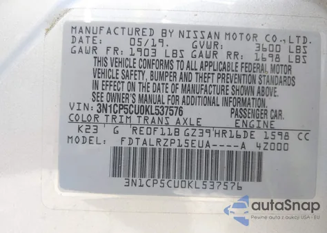 2019 Nissan Kicks S z USA, uszkodzony, nr VIN 3N1CP5CU0KL537576